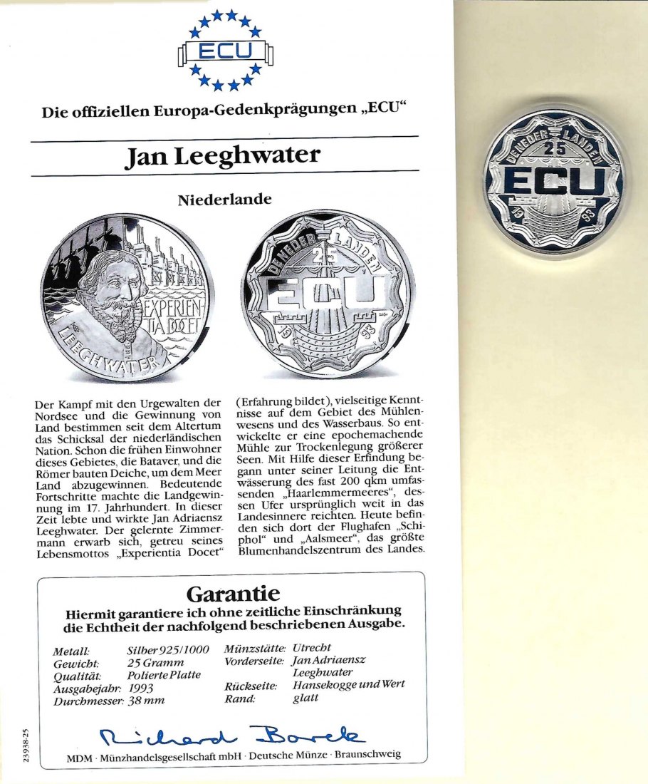  Niederlande 25 Ecu 1993 Leeghwater 925 Silber PP Golden Gate Koblenz Frank Maurer V 045   