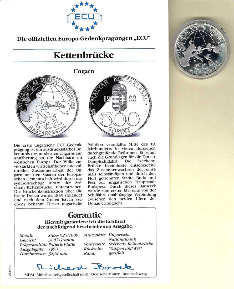  Ungarn 500 Forint 1993 Kettenbrücke 925 Silber PP Golden Gate Koblenz Frank Maurer V 046   