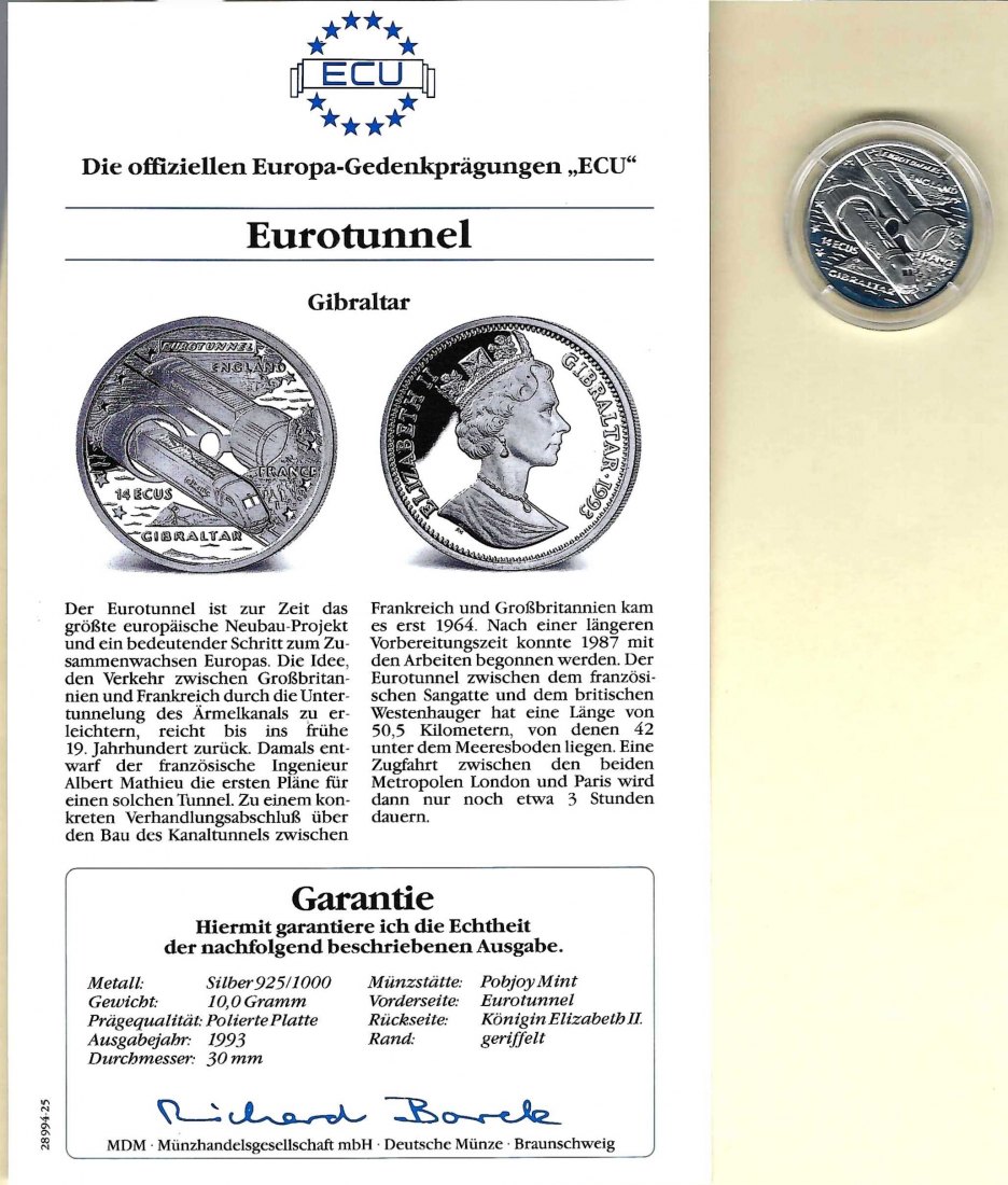  Gibraltar 14 Ecus 1993 Eurotunnel 925 Silber PP Golden Gate Koblenz Frank Maurer V 048   