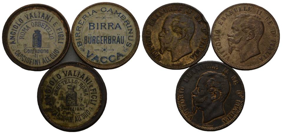  Italien; 3 Münzen mit Etikett und Wertmarke   
