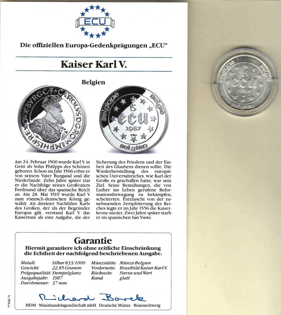  Belgien 5 Ecu 1987 Kaiser Karl V.925 Silber PP Golden Gate Koblenz Frank Maurer V 049   