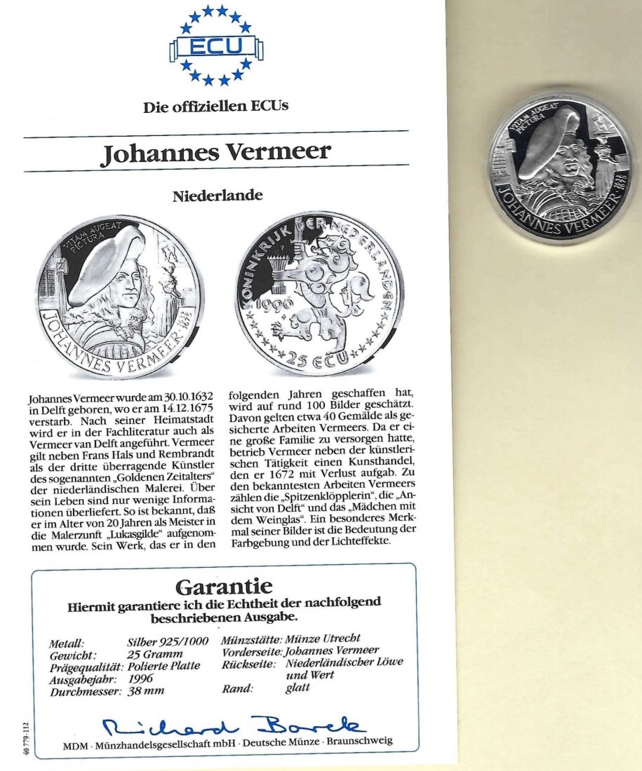  Niederlande 25 Ecu 1996 Johannes Vermeer 925 Silber PP Golden Gate Koblenz Frank Maurer V 050   