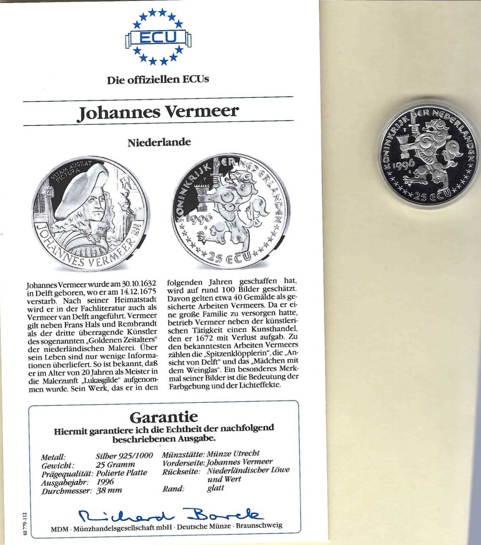  Niederlande 25 Ecu 1996 Johannes Vermeer 925 Silber PP Golden Gate Koblenz Frank Maurer V 050   