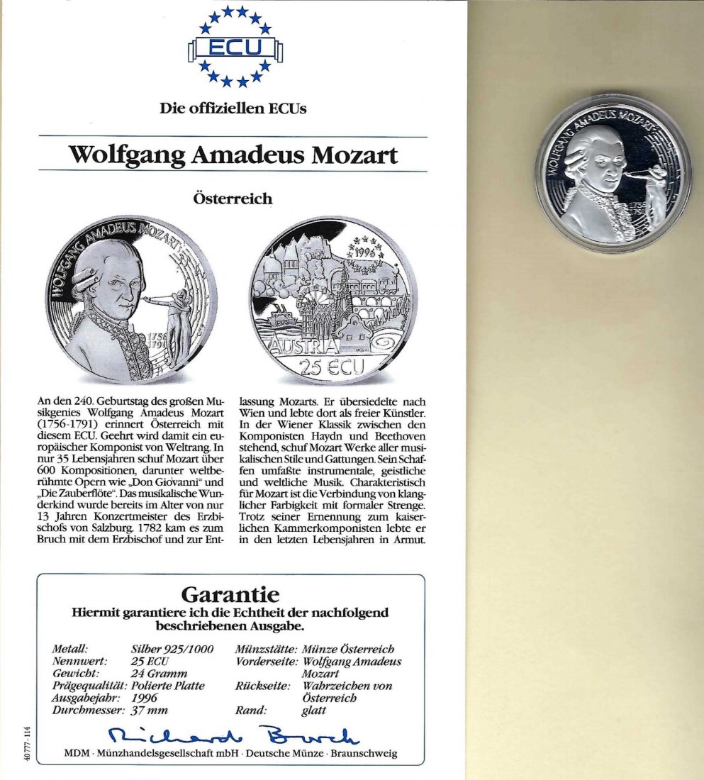  Österreich 25 Ecus 1996 Wolfgang Amadeus Mozart 925 Silber PP Golden Gate Koblenz Frank Maurer V 052   