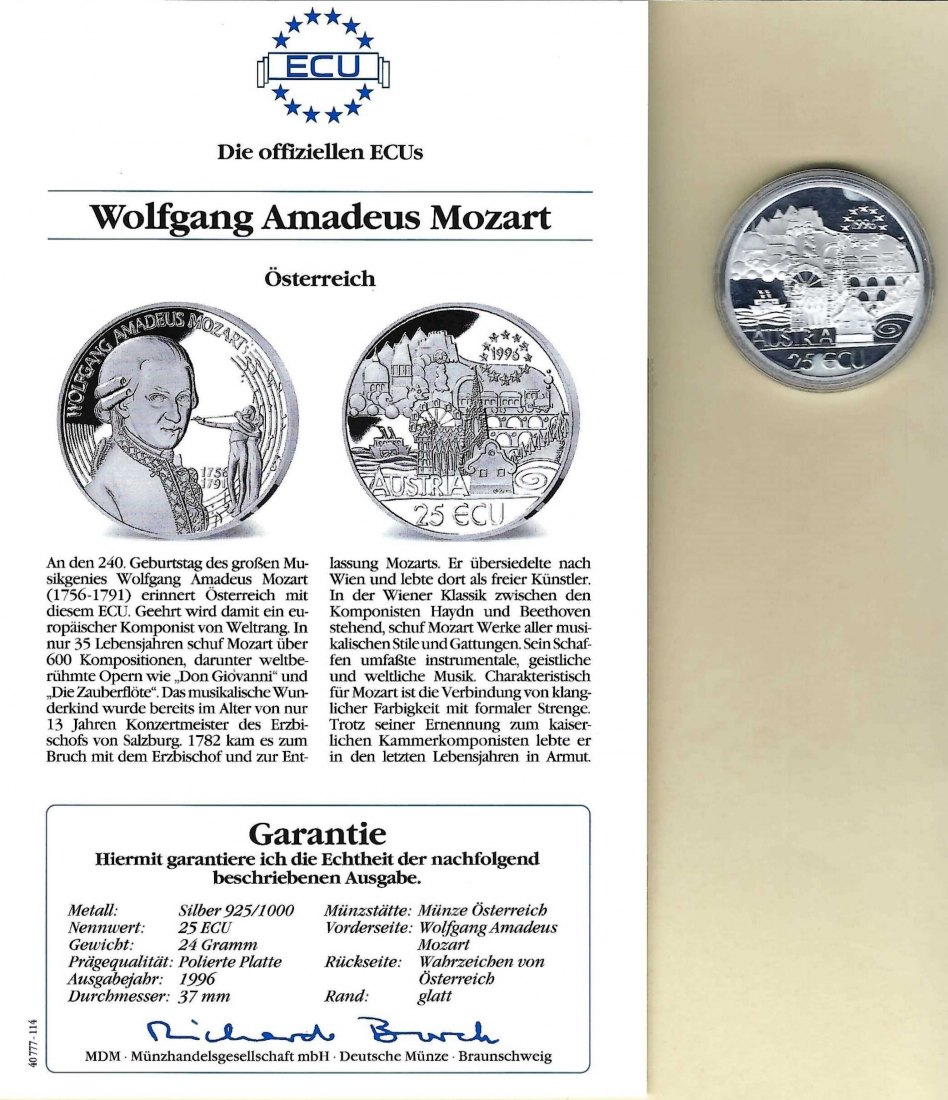  Österreich 25 Ecus 1996 Wolfgang Amadeus Mozart 925 Silber PP Golden Gate Koblenz Frank Maurer V 052   