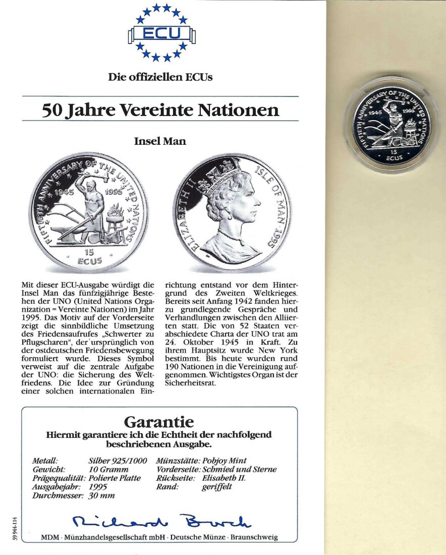  Insel Man 15 Ecus 1995 50 Jahre Vereinte Nation 925 Silber PP Golden Gate Koblenz Frank Maurer V 053   