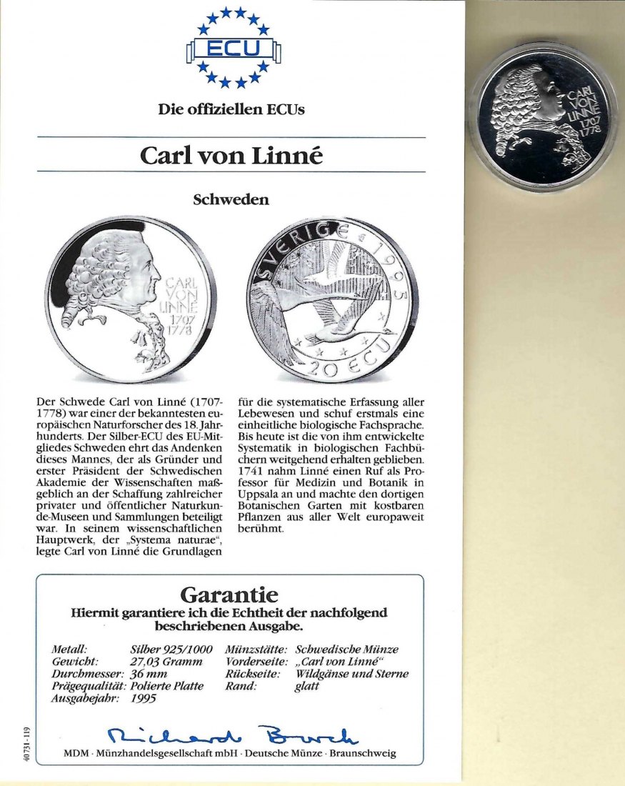  Schweden 20 Ecus 1995 Carl von Linné 925 Silber PP Golden Gate Koblenz Frank Maurer V 054   