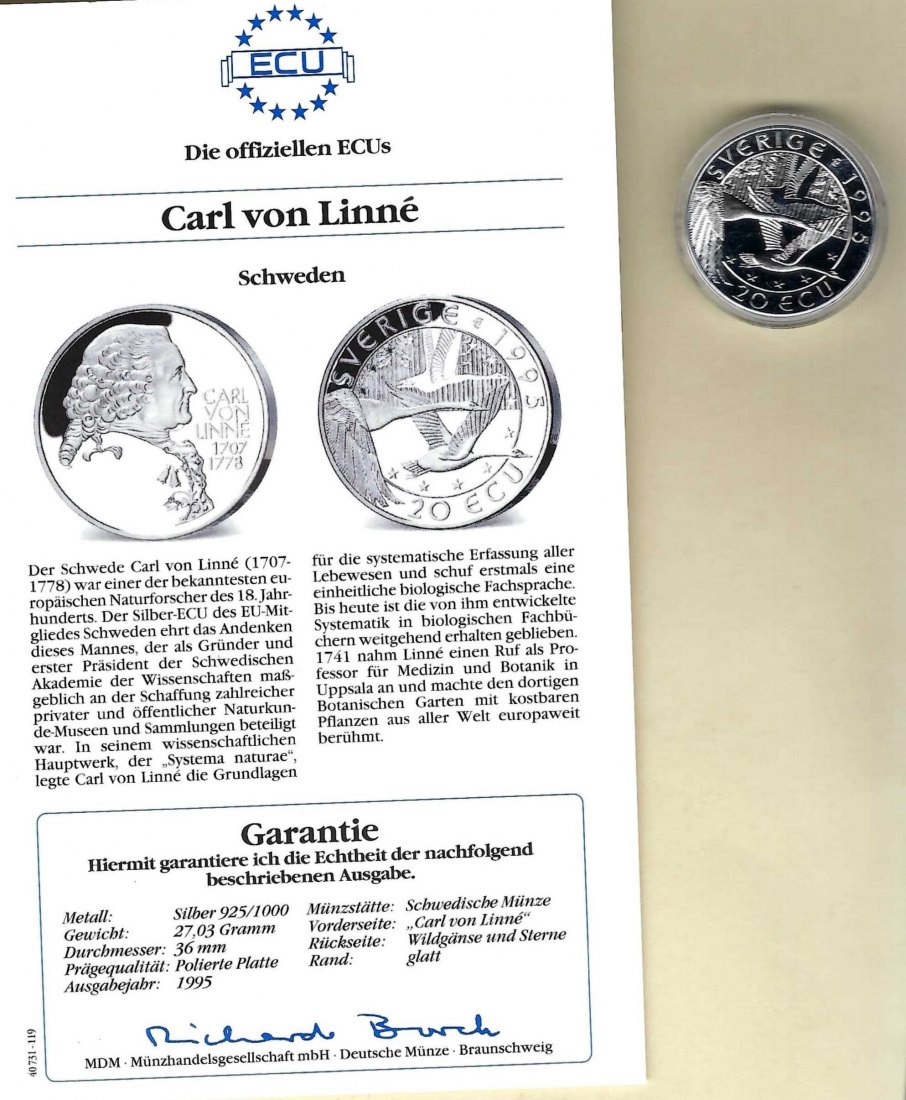  Schweden 20 Ecus 1995 Carl von Linné 925 Silber PP Golden Gate Koblenz Frank Maurer V 054   