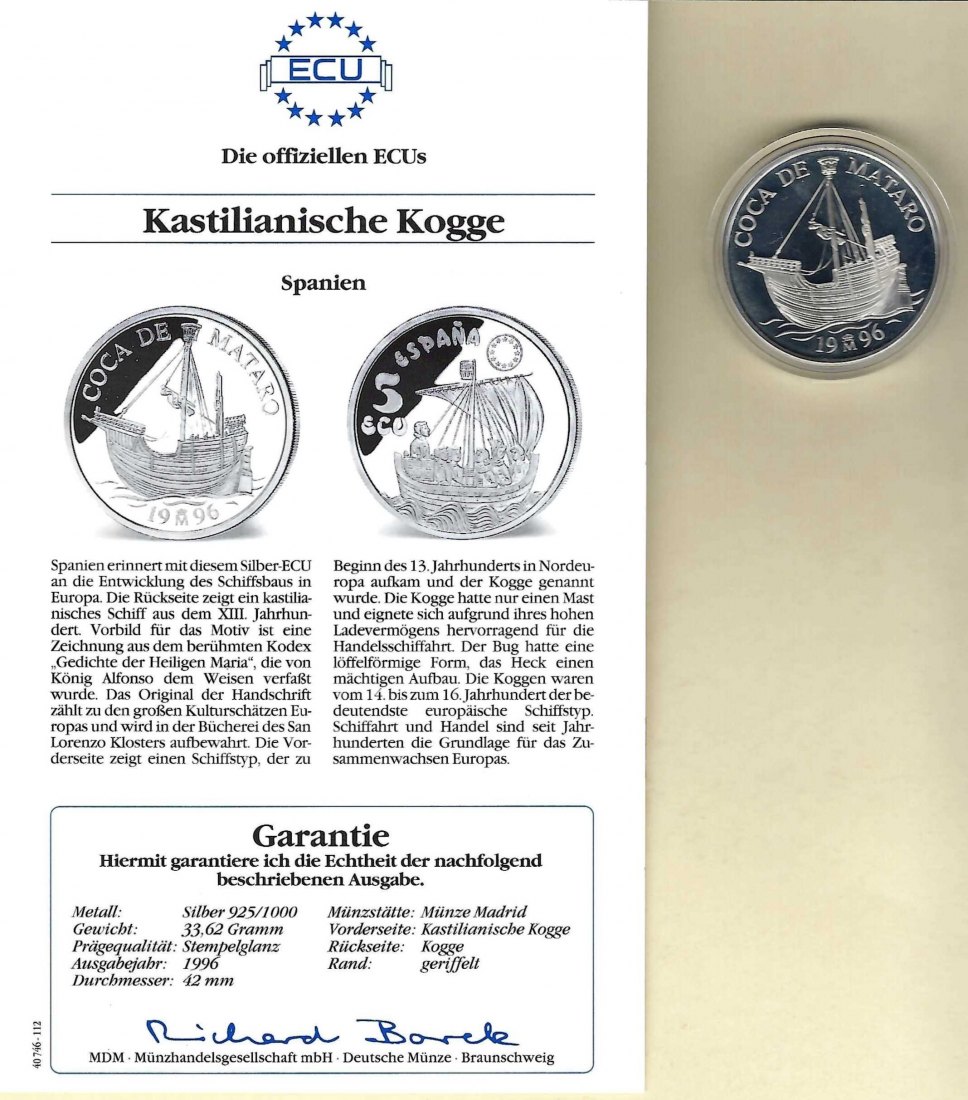  Spanien 5 Ecu 1996 Kastilinische Kogge 925 Silber PP Golden Gate Koblenz Frank Maurer V 055   