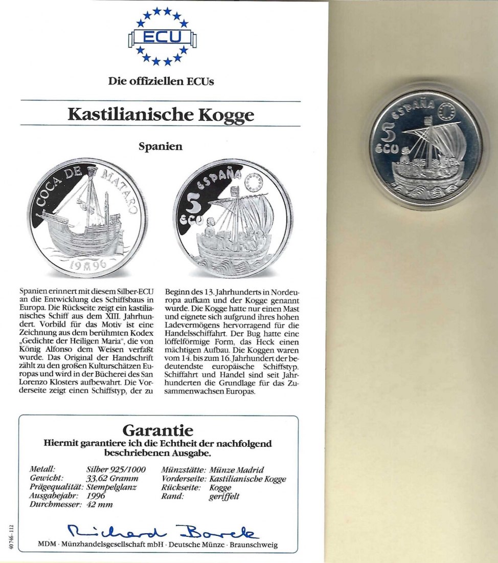  Spanien 5 Ecu 1996 Kastilinische Kogge 925 Silber PP Golden Gate Koblenz Frank Maurer V 055   