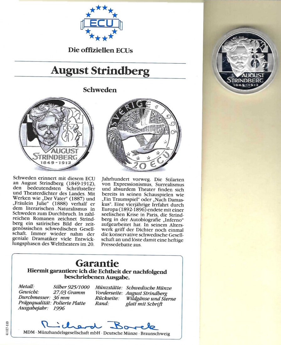  Schweden 20 Ecu 1996 August Strindberg 925 Silber PP Golden Gate Koblenz Frank Maurer V 057   