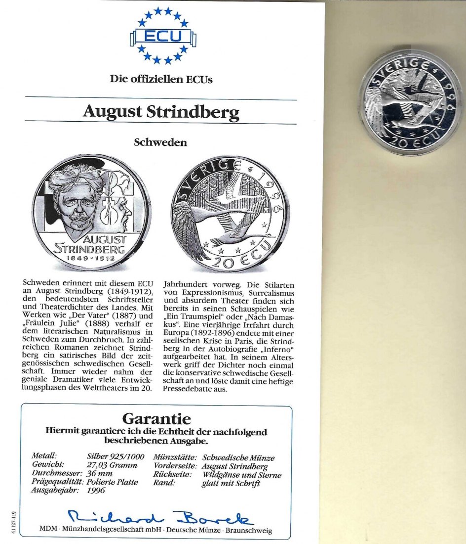  Schweden 20 Ecu 1996 August Strindberg 925 Silber PP Golden Gate Koblenz Frank Maurer V 057   