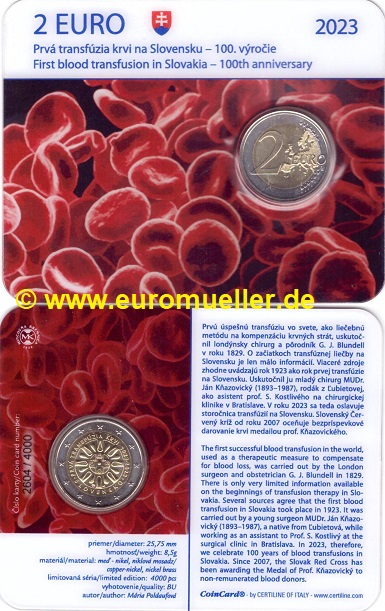 Slowakei 2 Euro Gedenkmünze 2023...Bluttransfusion...bu.   