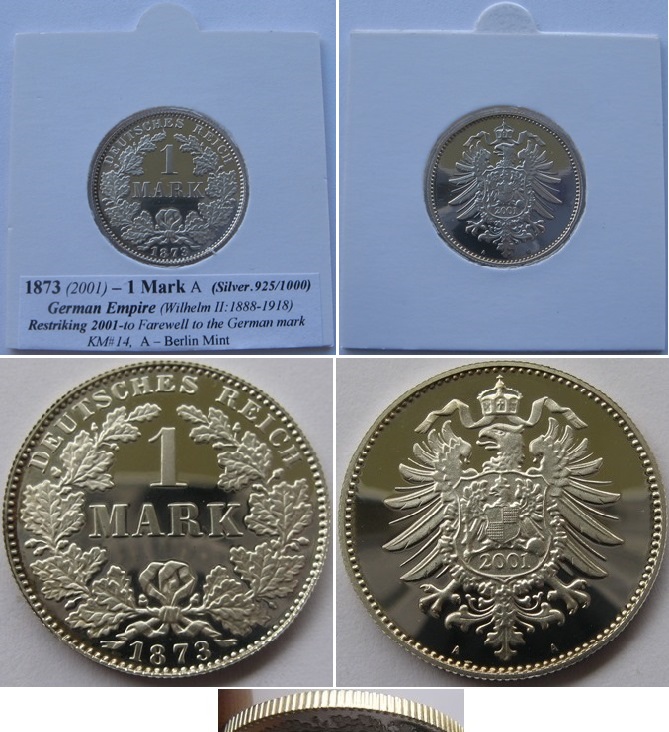  1873/2001, Germany, 1 Reichsmark, silver coin (.925), proof, restrike   