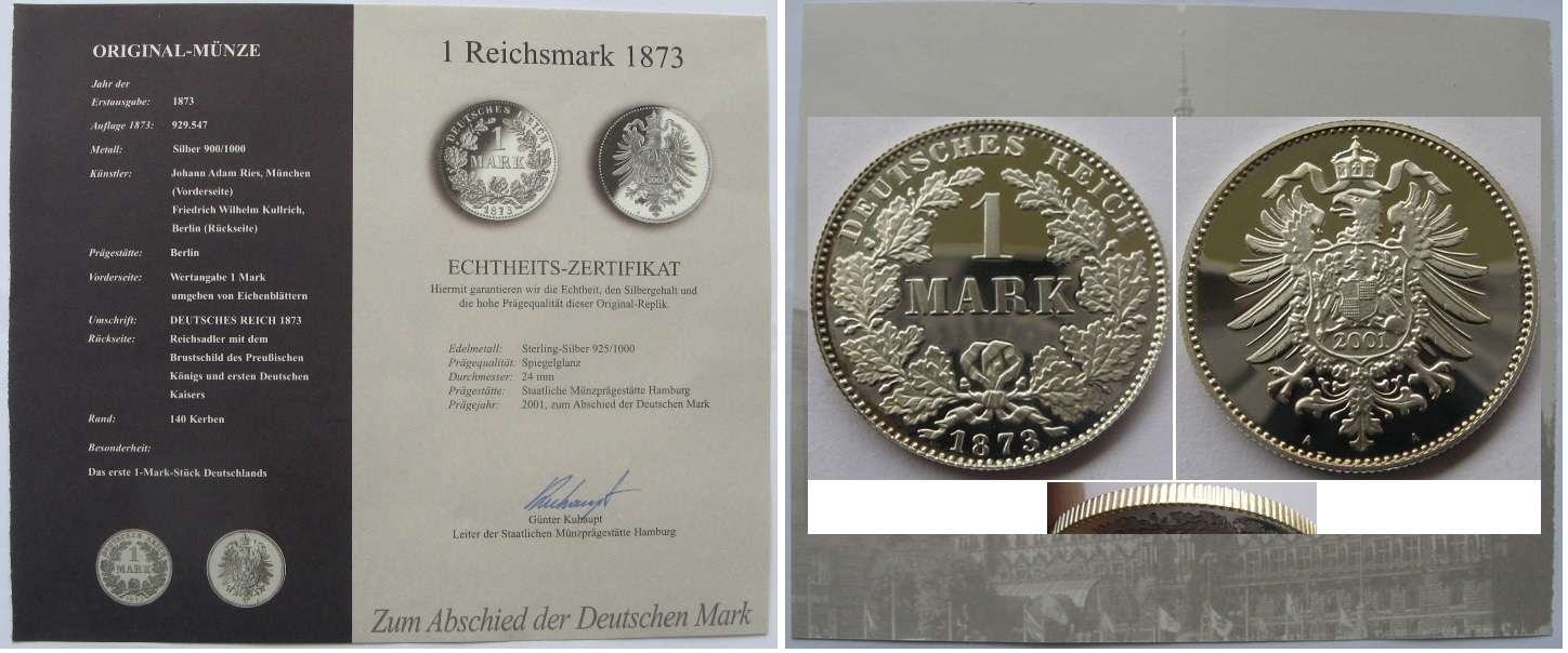  1873/2001, Germany, 1 Reichsmark, silver coin (.925), proof, restrike   