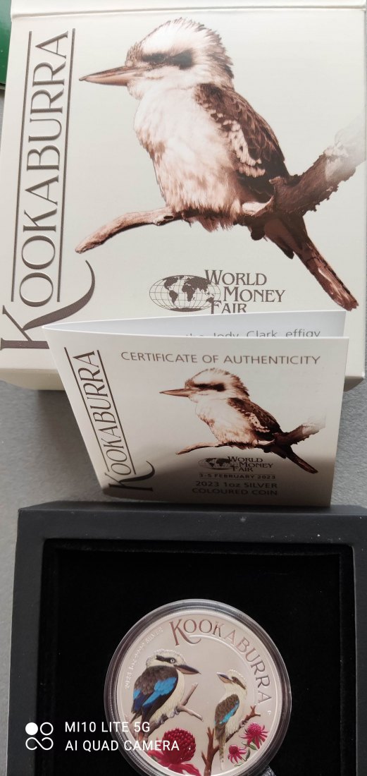  Australien 1 Oz AG Kookaburra 2023 coloriert 1 Dollar World Money Fair Berlin   