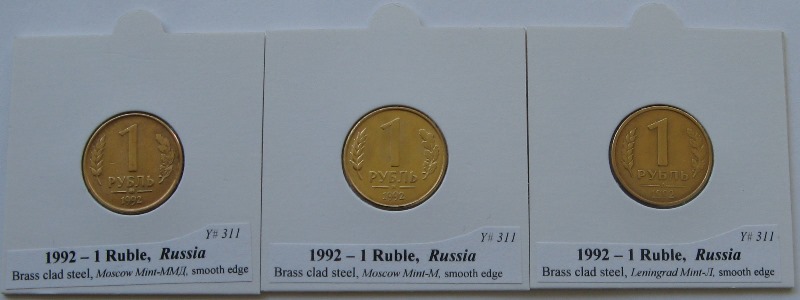  1992, Russland, 3 Stück 1 Rubel Münzen mit 3 verschiedenen Münzzeichen   