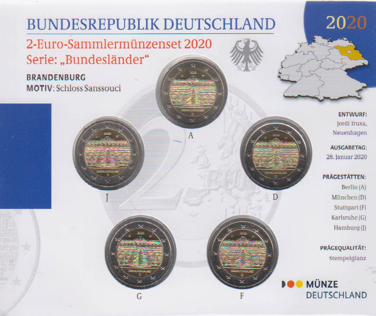  Offiz. 5x 2-Euro-Sondermünzenset A-J BRD *Schloss Sanssousi - Brandenburg* 2020   