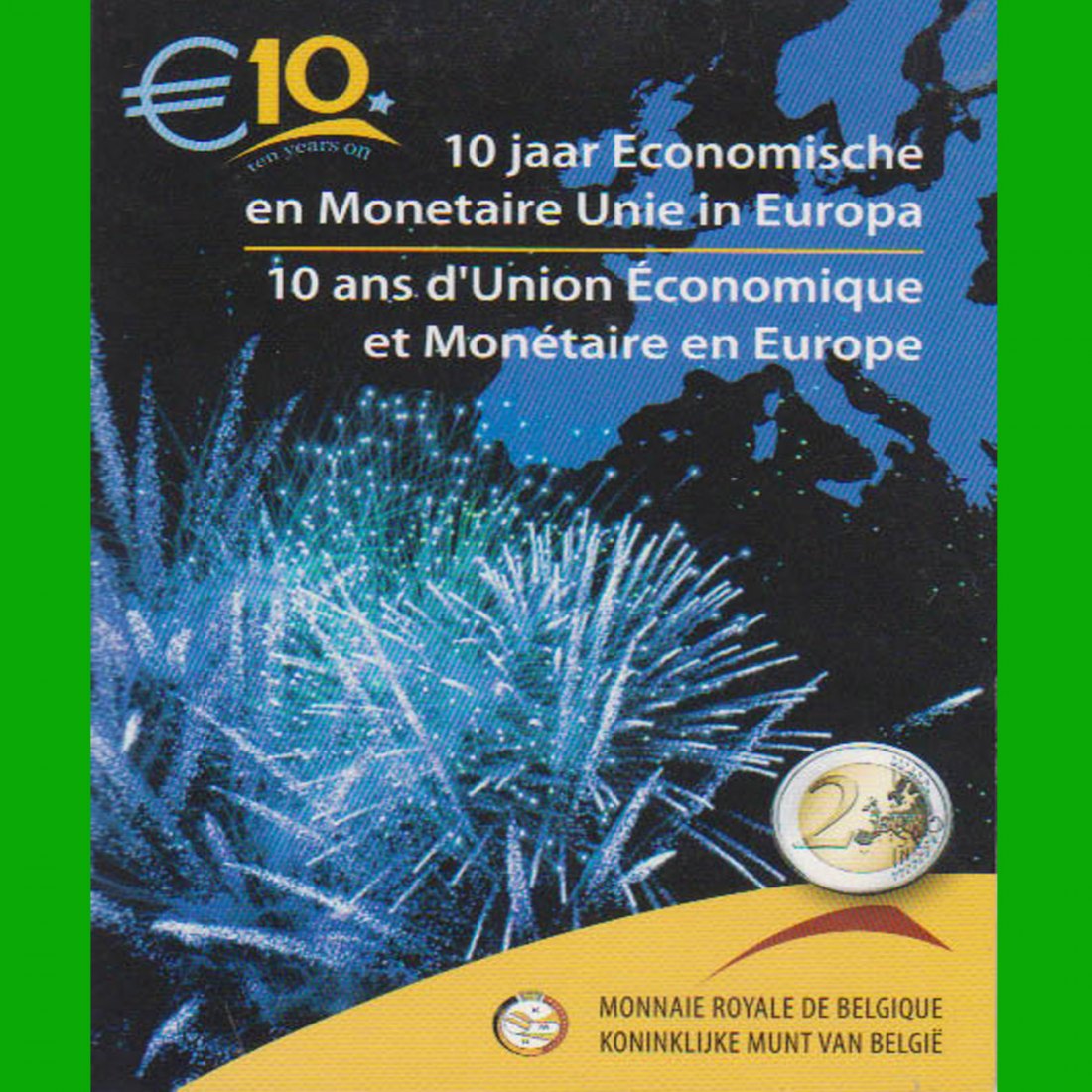  Offiz. Folder 2-Euro-Sondermünze Belgien *10 Jahre Währungsunion* 2009 nur 6.000St!   
