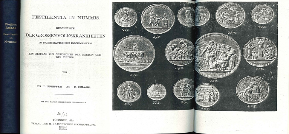  Pfeiffer, L. und Ruland, C.. Pestilentia in nummis. Tübingen 1882. 189 Seiten, 2 Tafeln, Kopien   