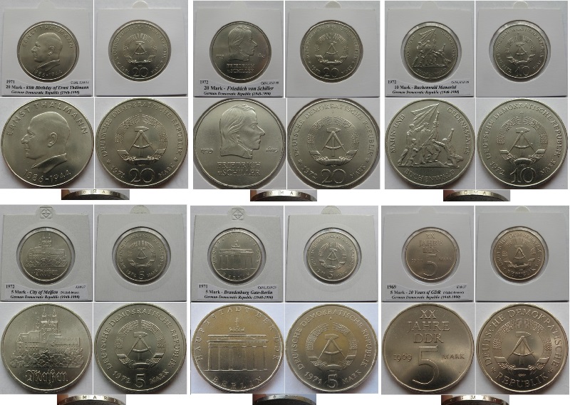  1969-1972, Deutschland-DDR, ein Satz von 6 Stück 5-10-20-Mark-Gedenkmünzen   