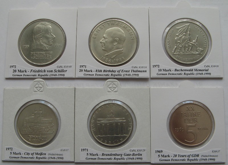  1969-1972, Deutschland-DDR, ein Satz von 6 Stück 5-10-20-Mark-Gedenkmünzen   
