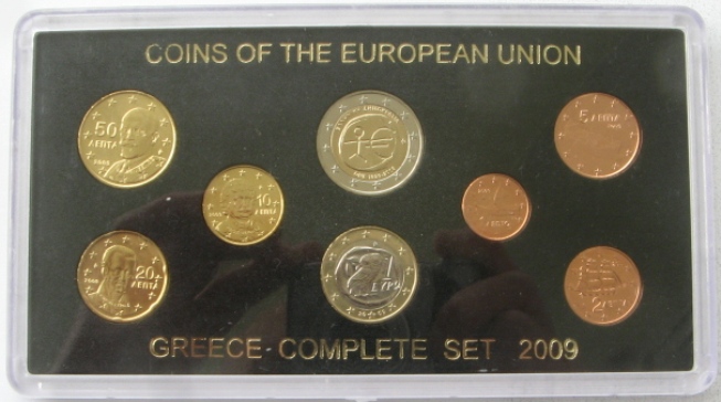  2009, Griechenland, komplettes 8-UNC-Euromünzen Satz: 1 Eurocent-2 Euro,  Platikkapsel   
