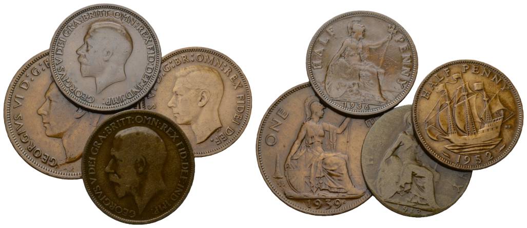  Großbritannien; 4 Kleinmünzen; 1913/1936/1939/1952   