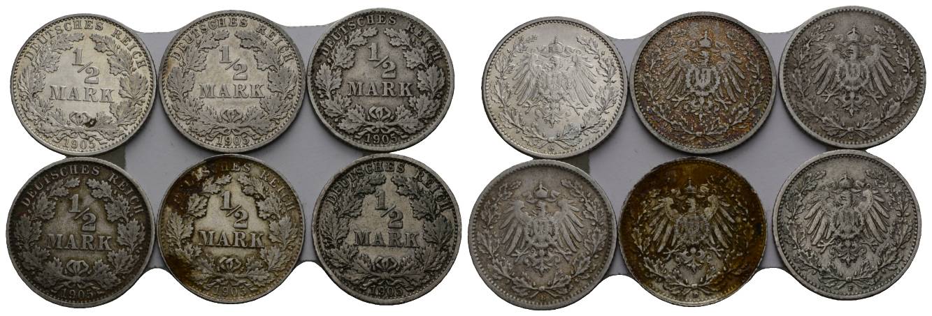  Kaiserreich; 1/2 Mark 1905; 6 Kleinmünzen   