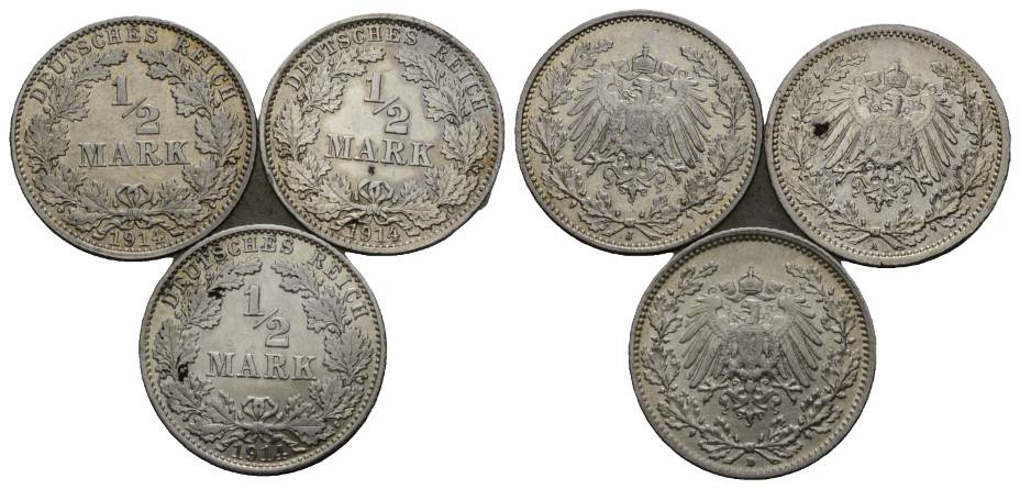 Kaiserreich; 1/2 Mark 1914; 3 Kleinmünzen   