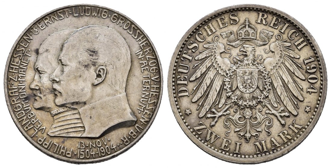 PEUS 9218 Kaiserreich - Hessen 400. Geburtstag Philipps des Großmütigen 2 Mark 1904 Sehr schön