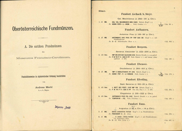  Markl, Andreas. Oberösterreichische Fundmünzen. A. Die antiken Fundmünzen des Museums Francisco-Caro   