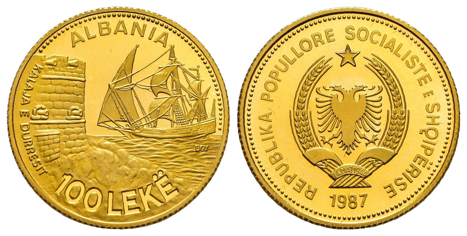 PEUS 9231 Albanien 5,81 g Feingold. Seehafen von Durazzo 100 Leke GOLD 1987 Impaired Proof / Vorzüglich + aus PP