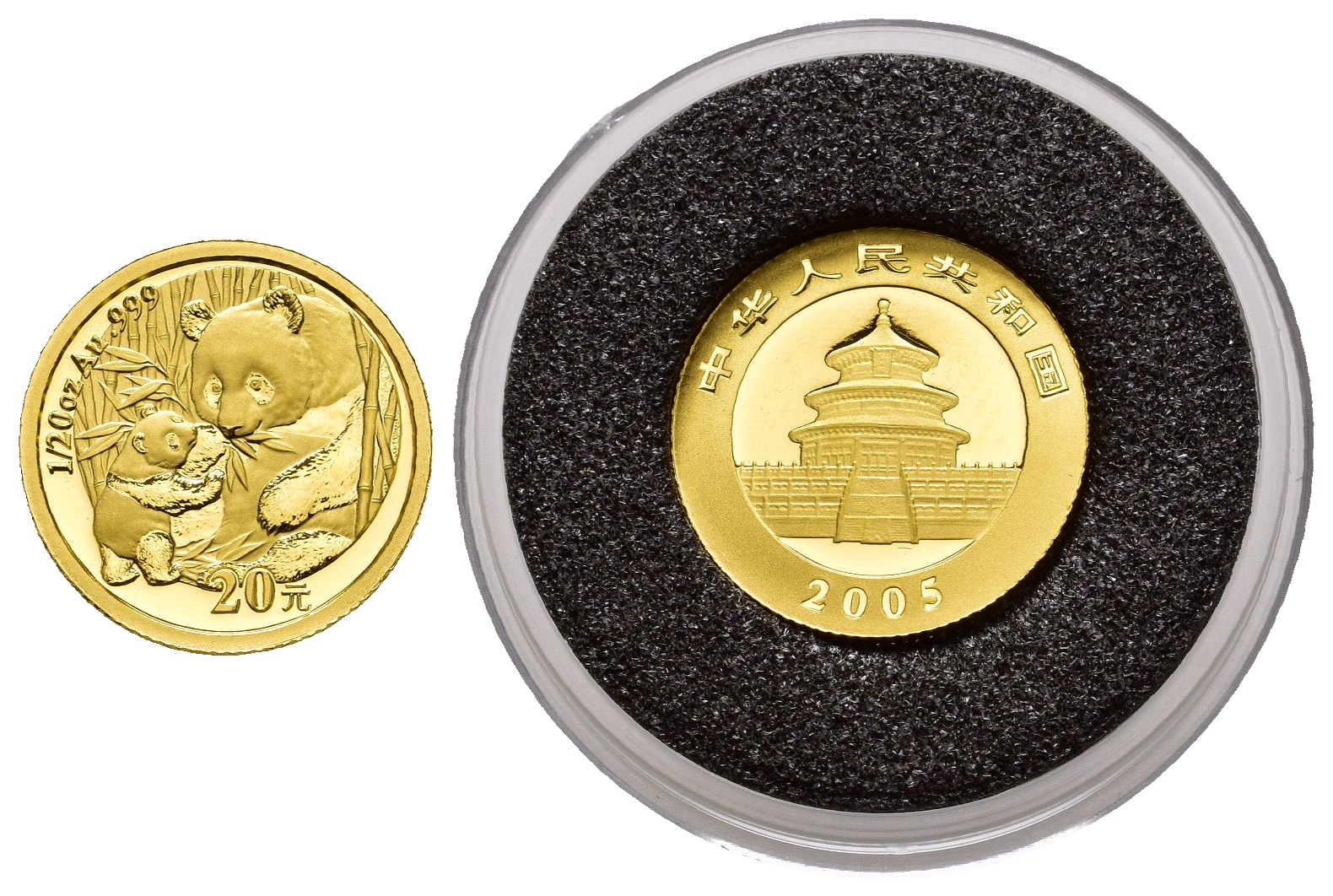 PEUS 9235 China 1,56 g Feingold. Pandamutter mit Kind im Bambus 20 Yuan GOLD 1/20 Unze 2005 Proof (Kapsel)