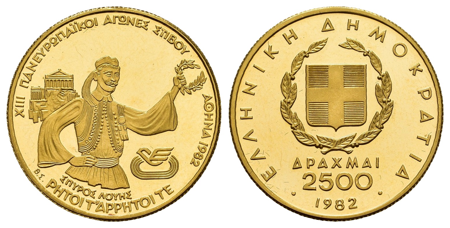 PEUS 9240 Griechenland 5,81 g Feingold. Spyros / Staatswappen 2500 Drachmai GOLD 1982 Impaired Proof / Vorzüglich + aus PP