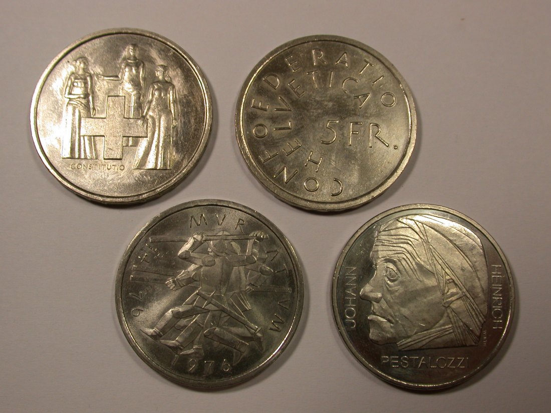  Schweiz  4 x 5 Franken  1974-1977 Gedenkmünzen unc, teilw. leicht felckig   Originalbilder   