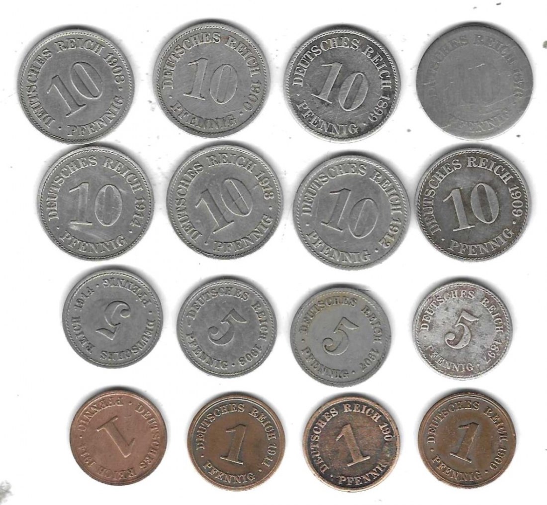  Kaiserreich Lot mit 16 Münzen 8x10Pfg,4x5Pfg, 4x1Pfg   