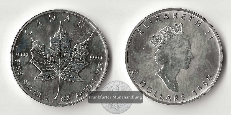  Kanada  5 Dollar  1990   Maple Leaf   FM-Frankfurt   Feinsilber: 31,1g   