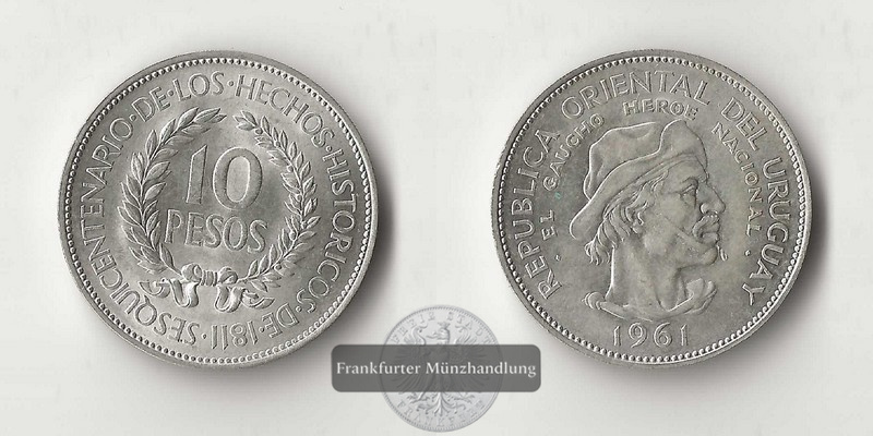  Uruguay  10 Pesos  1961 150 Jahre Revolution FM-Frankfurt  Feingewicht: 11,25g   