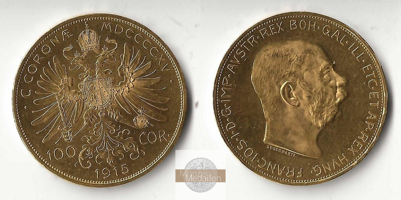 Österreich  100 Kronen MM-Frankfurt   Feingold: 30,49g Franz Joseph I. 1915 