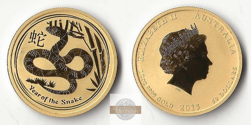 Australien 50 Dollar MM-Frankfurt Feingold: 15,55g Jahr der Schlange 2013 