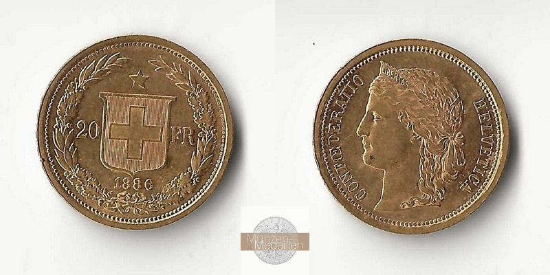 Schweiz MM-Frankfurt Feingold: 5,81g 20 sFR Helvetica 1886 