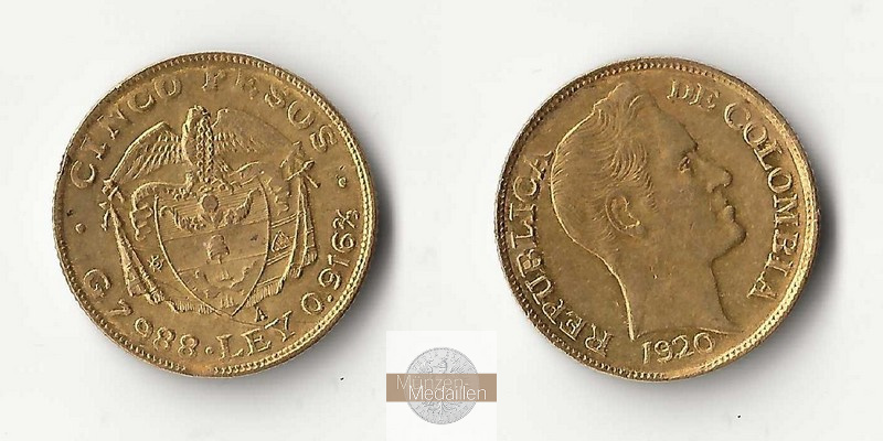 Kolumbien Feingold: 7,32g 5 Pesos 1920 