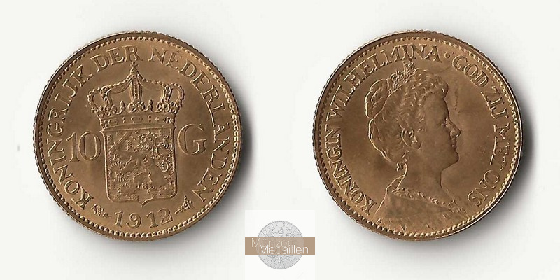 Niederlande MM-Frankfurt  Feingold: 6,06g 10 Gulden 1912 