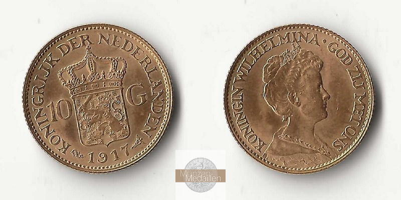 Niederlande MM-Frankfurt  Feingold: 6,06g 10 Gulden 1917 