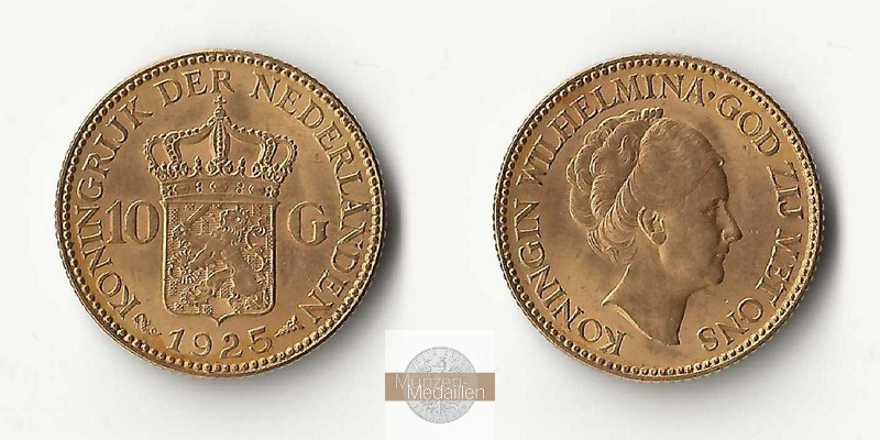 Niederlande  10 Gulden MM-Frankfurt  Feingold: 6,06g Wilhelmina I. 1925 