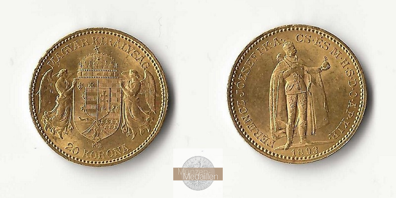 Ungarn MM-Frankfurt Feingold: 6,09g 20 Kronen 1893 