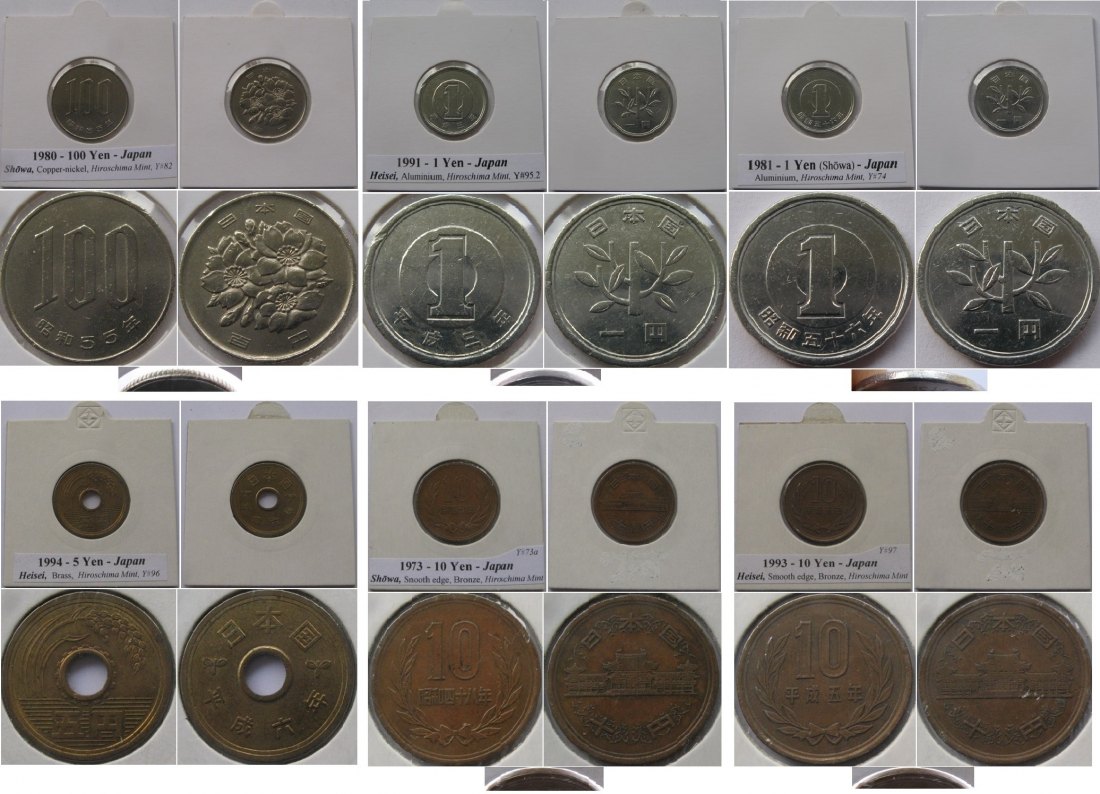  1974-1994, Japan, 1-100 Yen, ein Satz von 6 Stück Münzen   