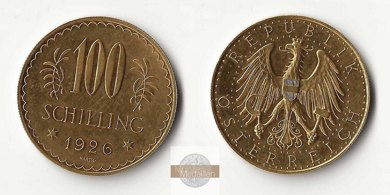 ÖSTERREICH, 1. Republik 1925-1938. MM-Frankfurt Feingold: 21,17g 100 Schilling 1926 