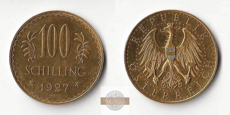 ÖSTERREICH, 1. Republik 1925-1938. MM-Frankfurt Feingold: 21,17g 100 Schilling 1927 